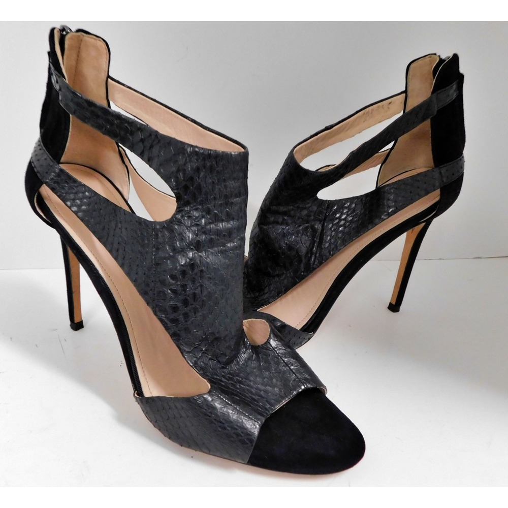 AD & Daughters Armistead Embossed Snake Suede Black Leather Peep Toe Heels sz 10